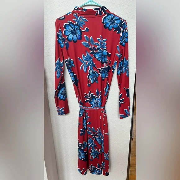 ZARA Floral Knit Midi Shirt Dress Tie-Belt Button Long Sleeve Red Blue - Picture 3 of 5